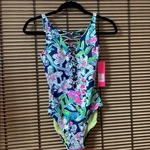 Lilly Pulitzer Isle Lattice One Piece Swim Suit 0 Deep Sea Navy Sway This Way - Picture 2 of 8